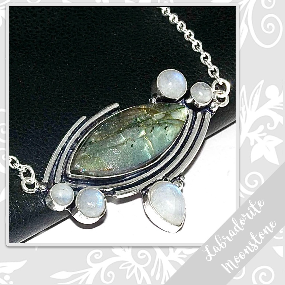 Labradorite, Moonstone Silver Artisan Necklace, 17” (Sage Green, White / Blue)